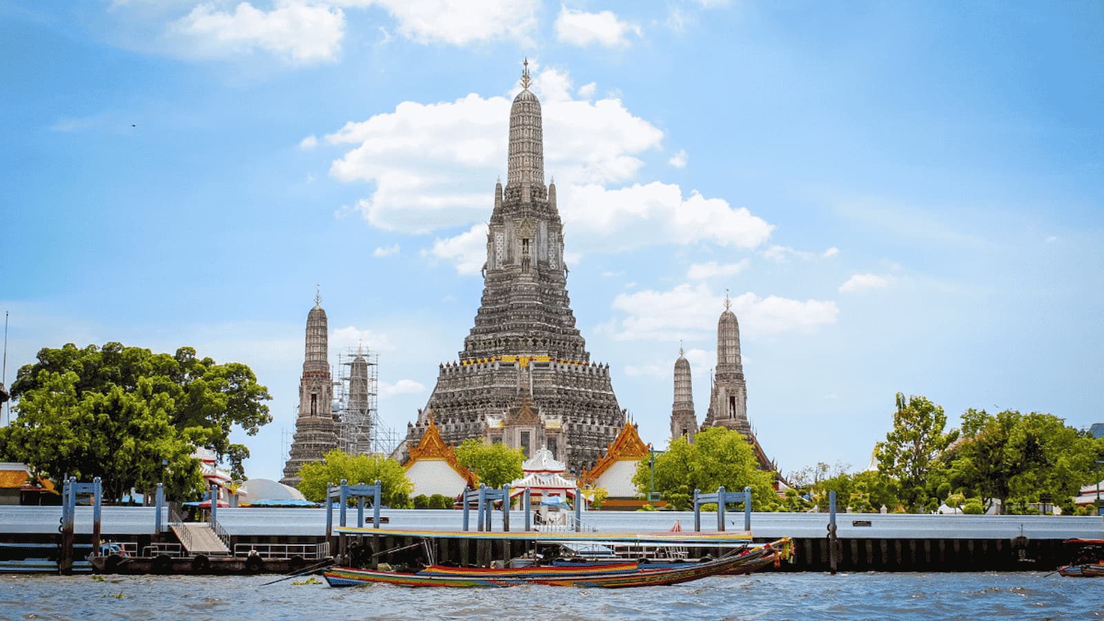 Wat Arun temple spire viewed from across the Chao Phraya River