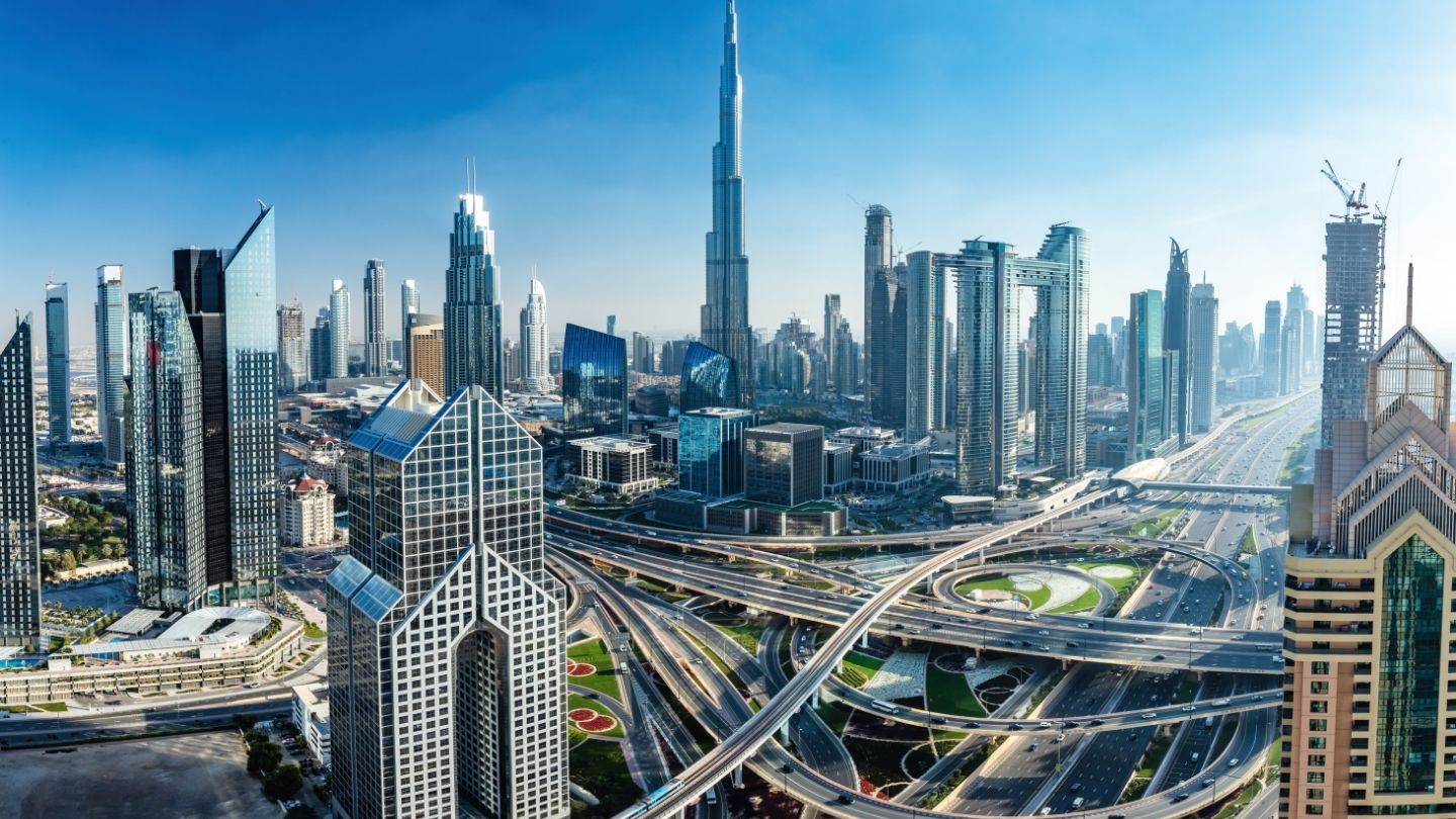 The Burj Khalifa rising over the Dubai skyline at golden hour
