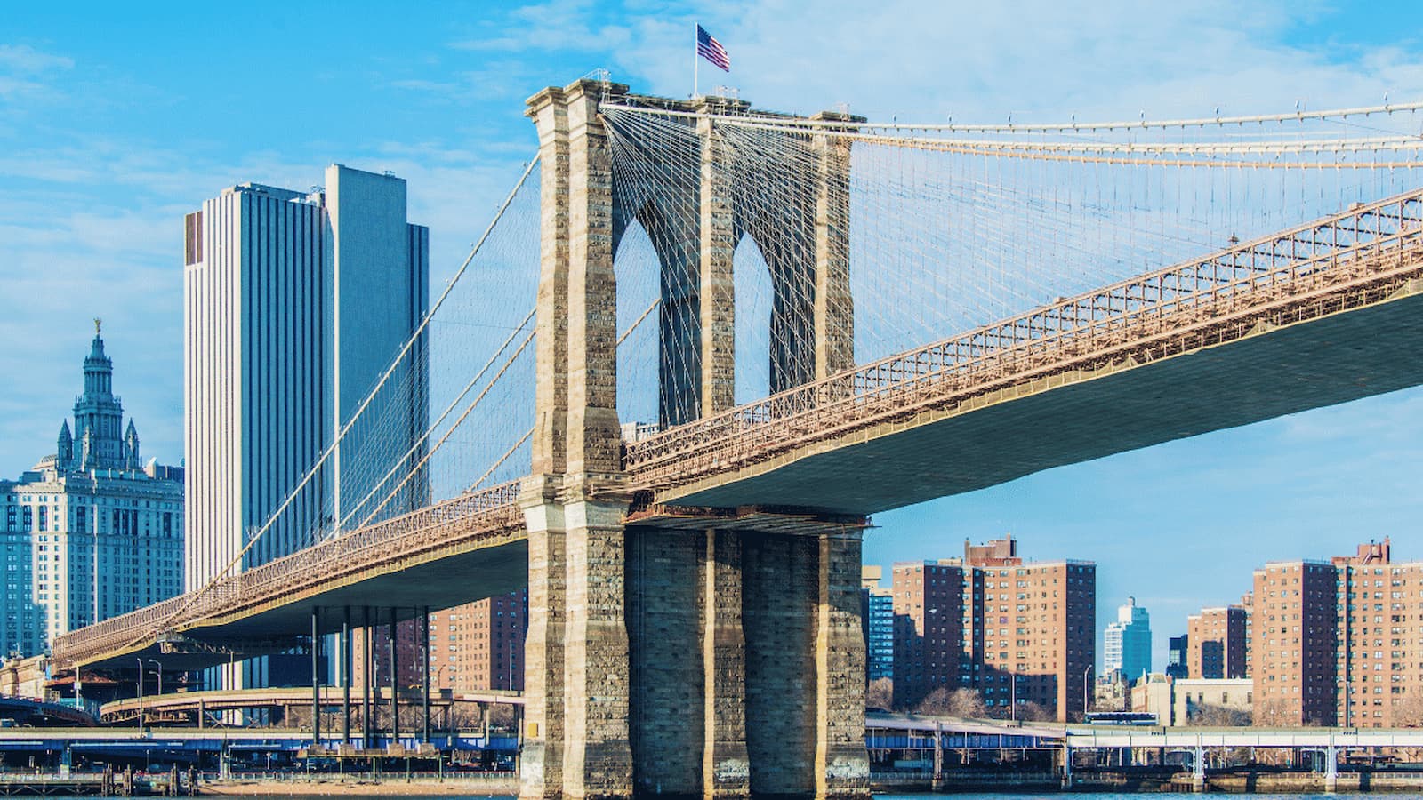 Brooklyn Bridge with the Manhattan skyline behind it
